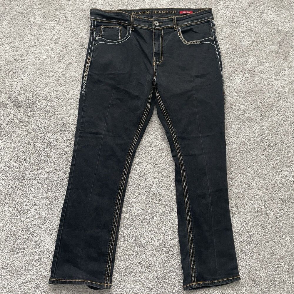 Platini Embroidered Black Slim Boot Cut Jeans Men's Size 38x30